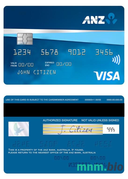Australia ANZ Bank First credit przykład karty visa w formacie PSD